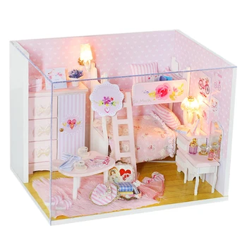 

DIY Creative Handmade 3D Wooden Doll House Assembly Model Building Toy Set with Light and Dust Cover - Pink Hearts No Flowers