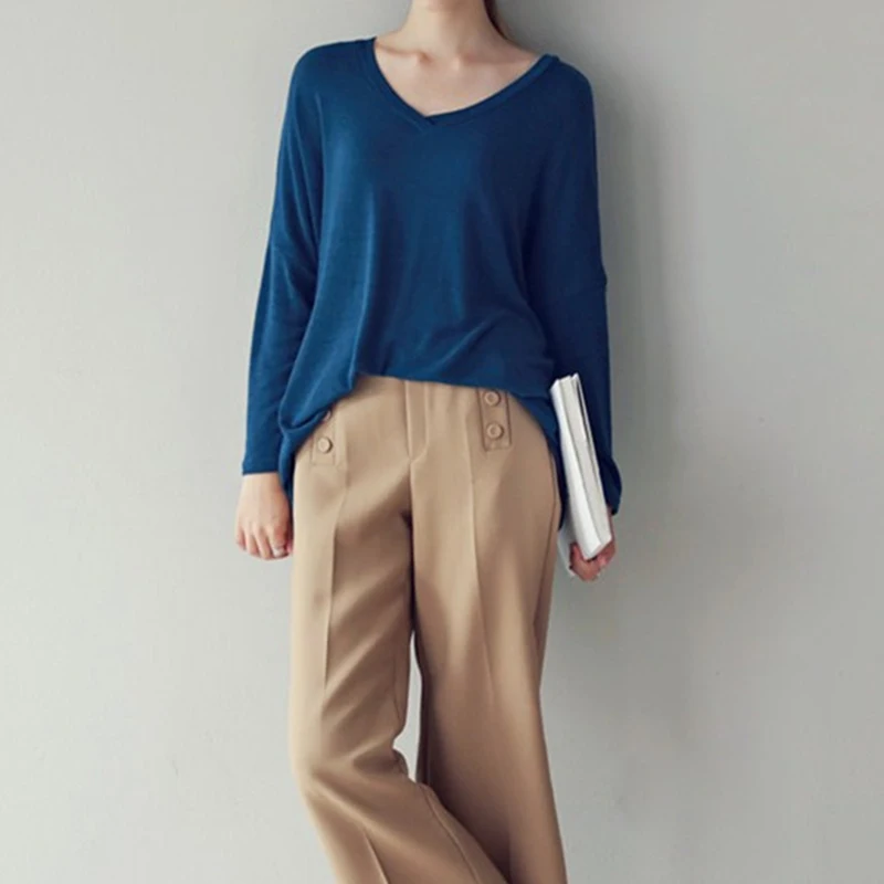 

Spring Pullover Baggy T-Shirts Women Casual Full Sleeve Solid Color Top Shirt Loose Sexy V-Neck Elegant Party Top Plus Size 5XL