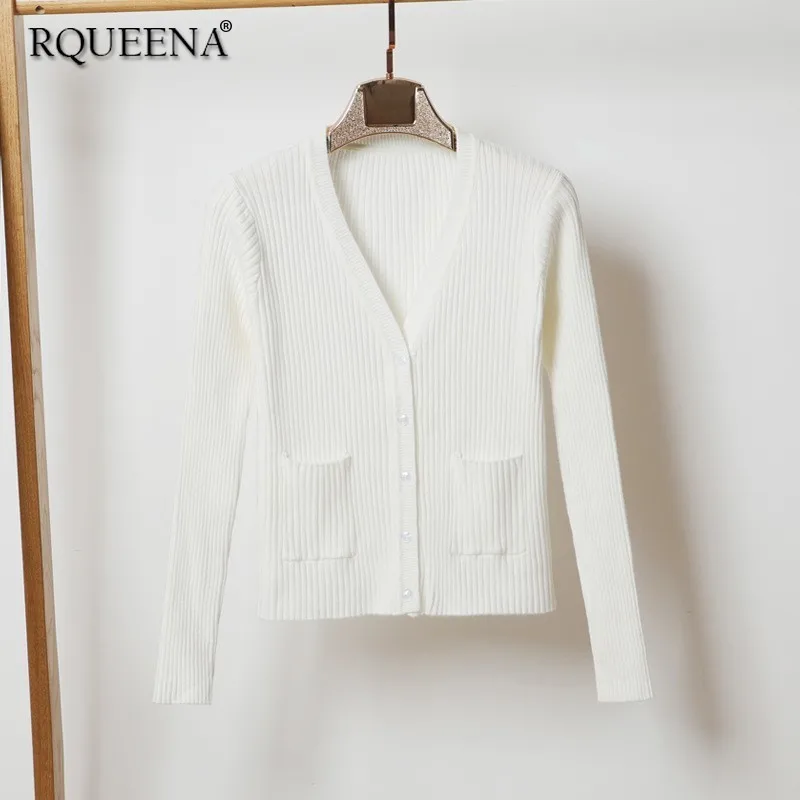 

Rqueena Korean Style Women's Cardigans Black/White Womens Knitted Cardigan V-Neck Long Sleeve Knitwear Cardigan For Women CA008