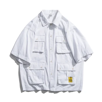 

2019 Summer Men's More Pocket Decorate White Shirt Cotton Clothes Wash Short Sleeve Male High-quality Pink Shirt Plus Size M-2XL