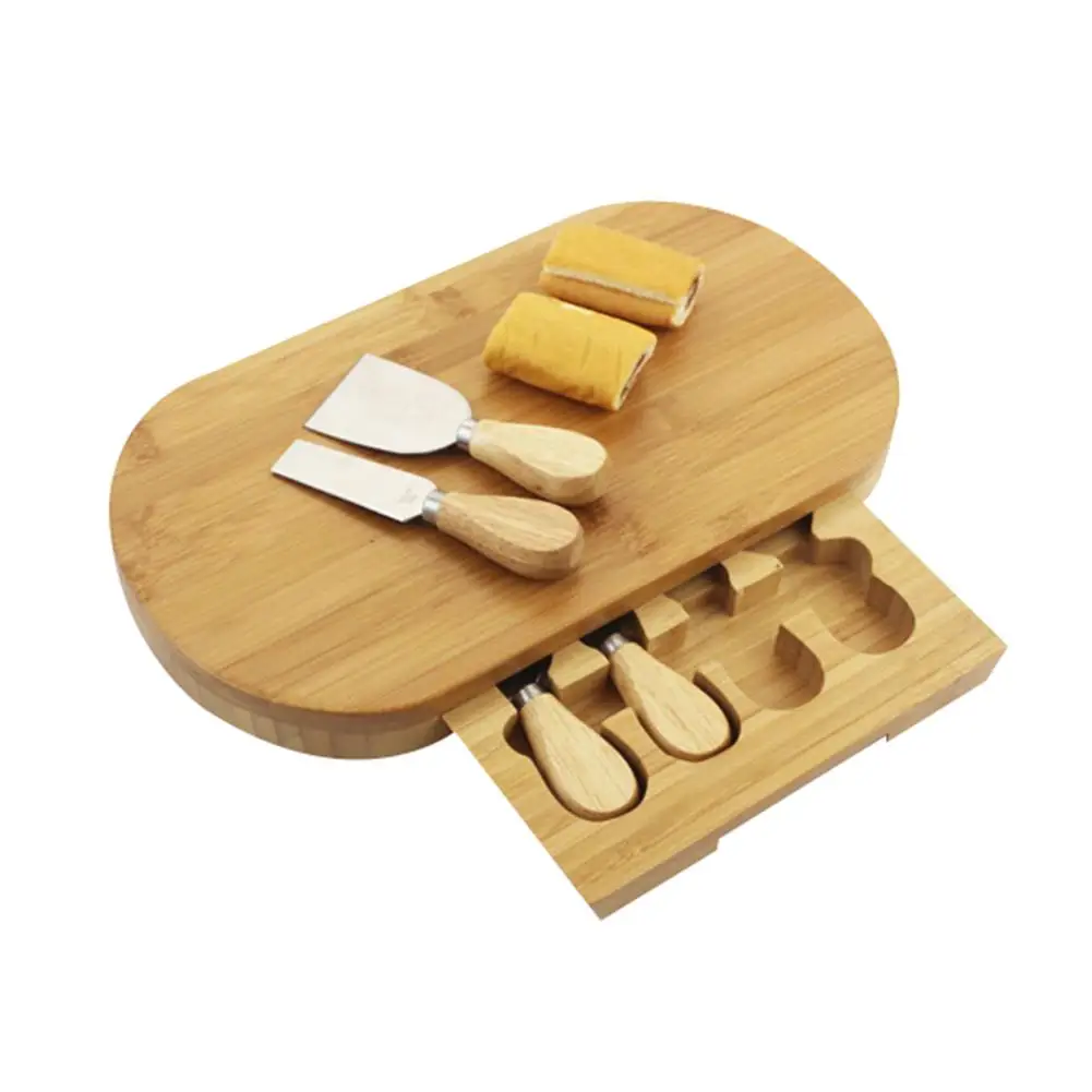 

Natural Bamboo Kitchen Cheese Board Cake Bread Slicing Plate Drawer Cutlery Set