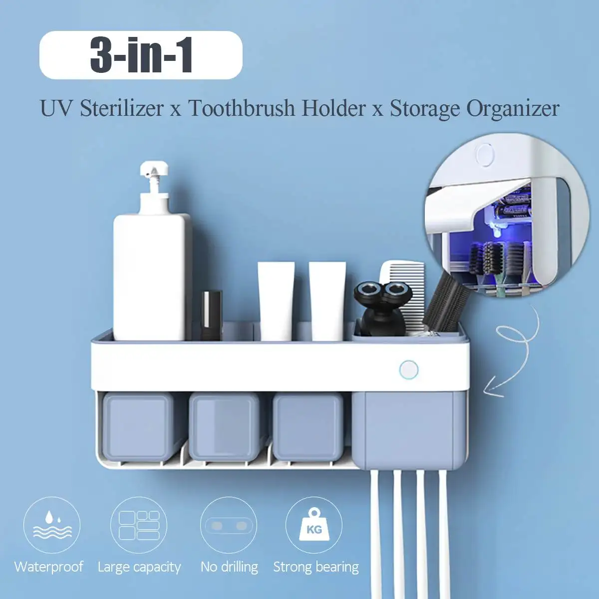 

3 in 1UV Light Sterilizer Toothbrush Holder Cleaner & Automatic Toothpaste Dispenser Tooth brush Cup Dustproof Home Bathroom Set
