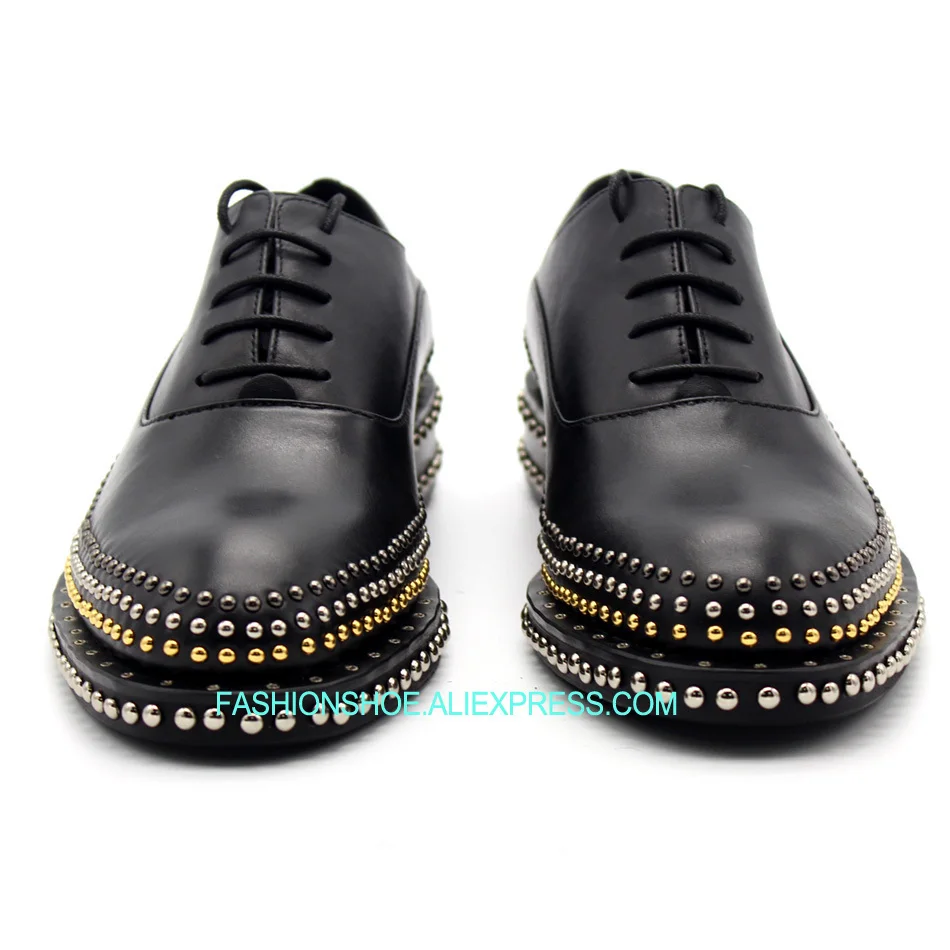 

Cow Punk Oxfords Man Formal Business Shoes Flats Studded Rivets Lace up Fashion Dress Wedding Shoes Black Spring Handmade Shoes