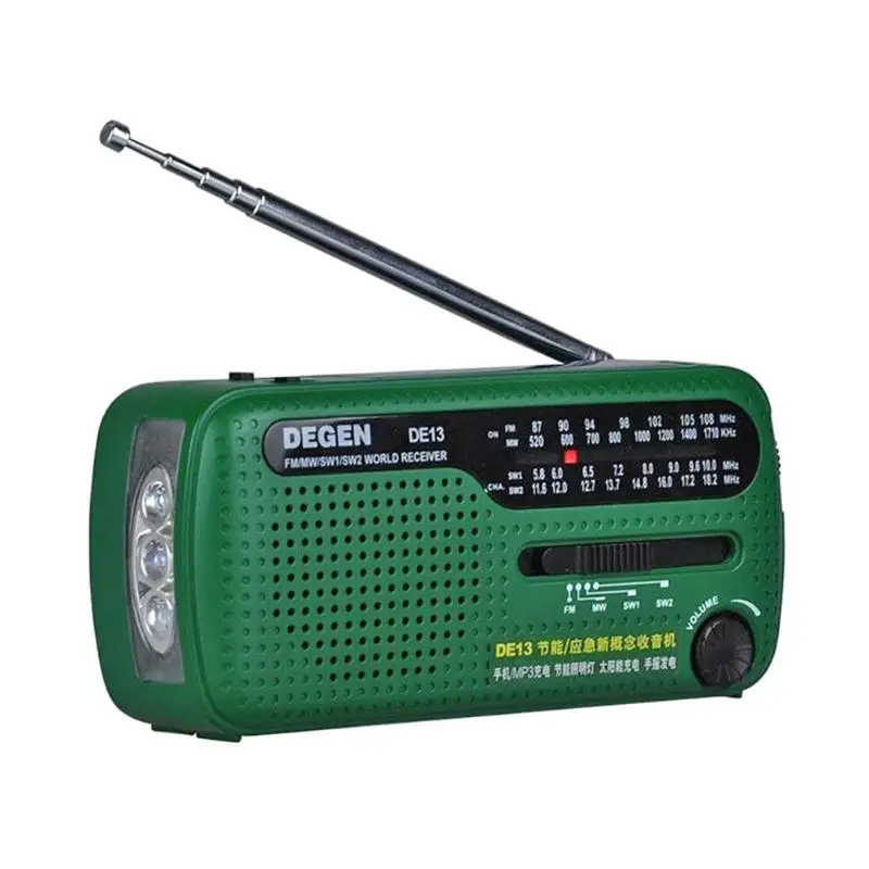 

Alloyseed Portable DE13 FM Radio FM MW SW Crank Dynamo Solar Emergency Radio World Receiver Built-in Speaker LED Light