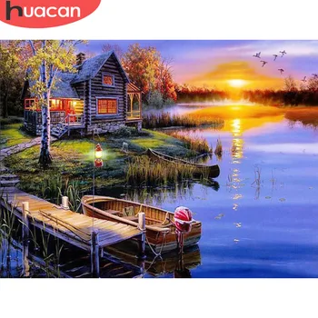 

HUACAN Diamond Embroidery Lake Sunset Full Square Rhinestones 5D DIY Diamond Painting Cross Stitch Mosaic Decor Home Gift