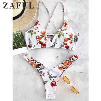 

ZAFUL Floral High Leg Lace Up Bikini Set Spaghetti Straps High Cut Bikini Wire Free Swim Suit Crop Top And Shorts Bathing Suit