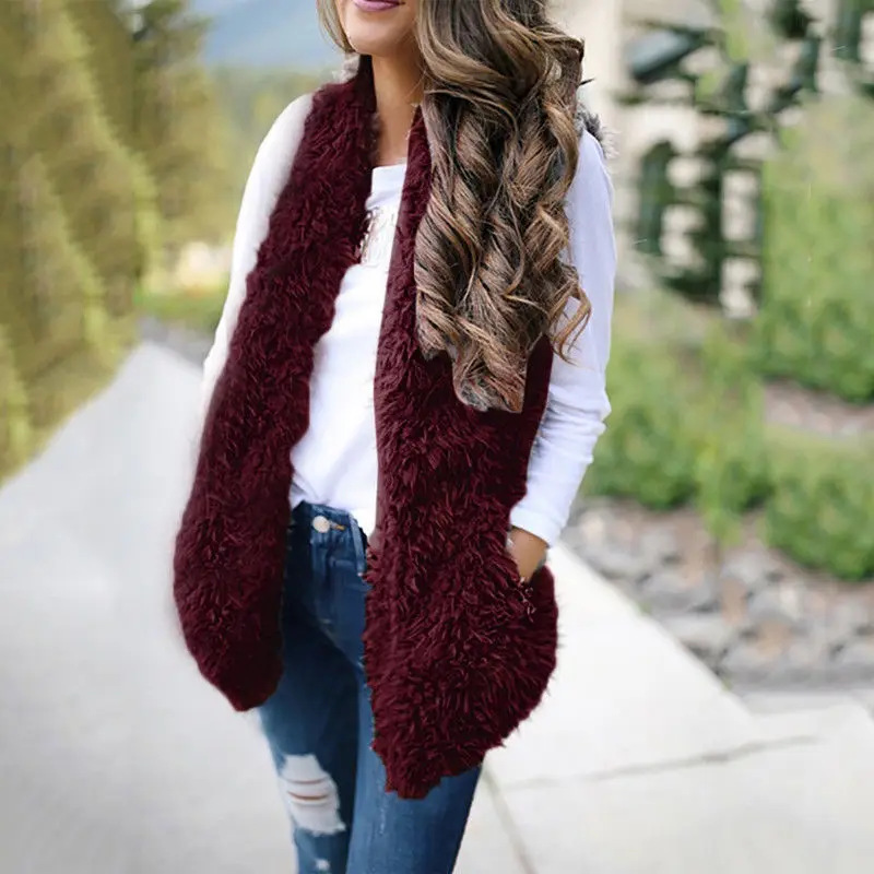 Женский осенне-зимний пушистый теплый кардиган с капюшоном, жилет, флисовая Меховая куртка, жилет, модный искусственный карман, открытая стежка, ткань