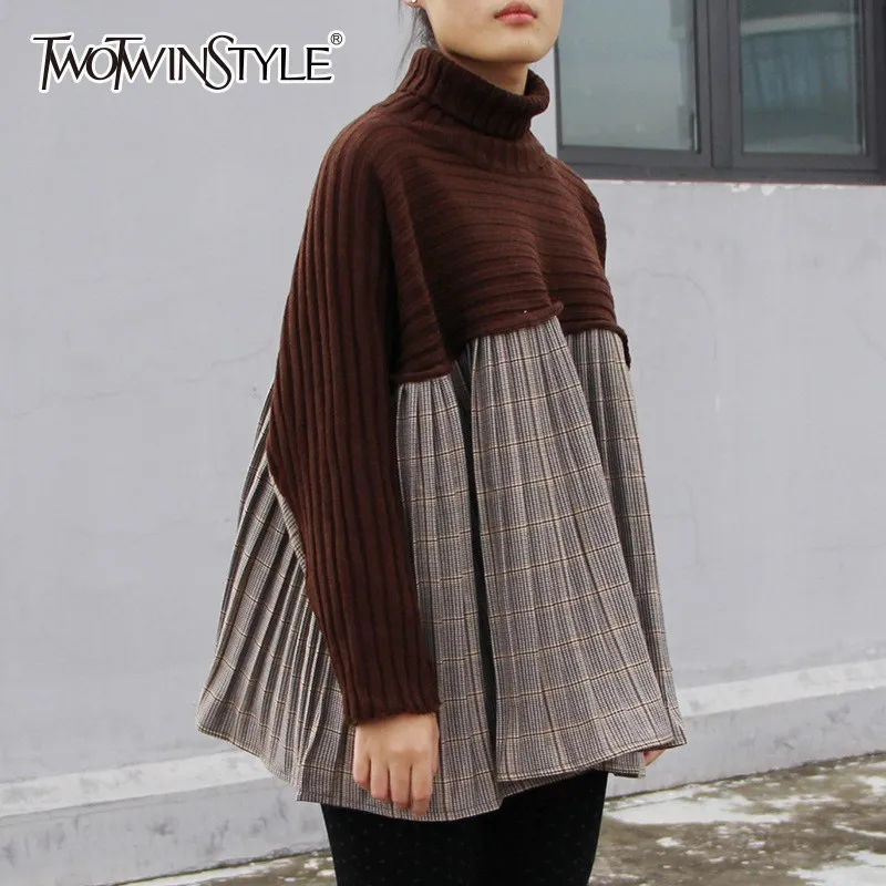 

TWOTWINSTYLE Patchwork Plaid Sweater Women Turtleneck Long Sleeve Oversized Knitting Pullover Tops Female Spring 2019 Korean New