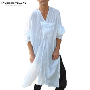 Camisas de hombre de estilo INCERUN Nepal Vestido de manga larga camisa con bolsillos grandes cuello en V de longitud de gran tamaño Camisas ropa para hombre