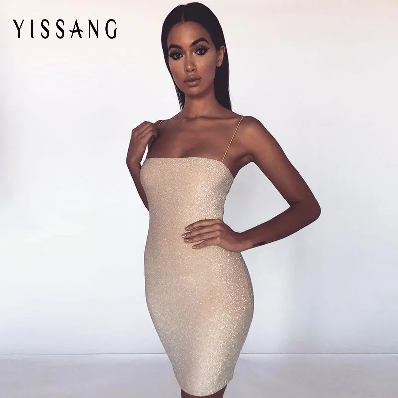 

Yissang Spaghetti Strap Beige Glitter Dress Backless Sexy Bodycon Women Dress Elegant Mini Solid Dress Strapless Female Vestido