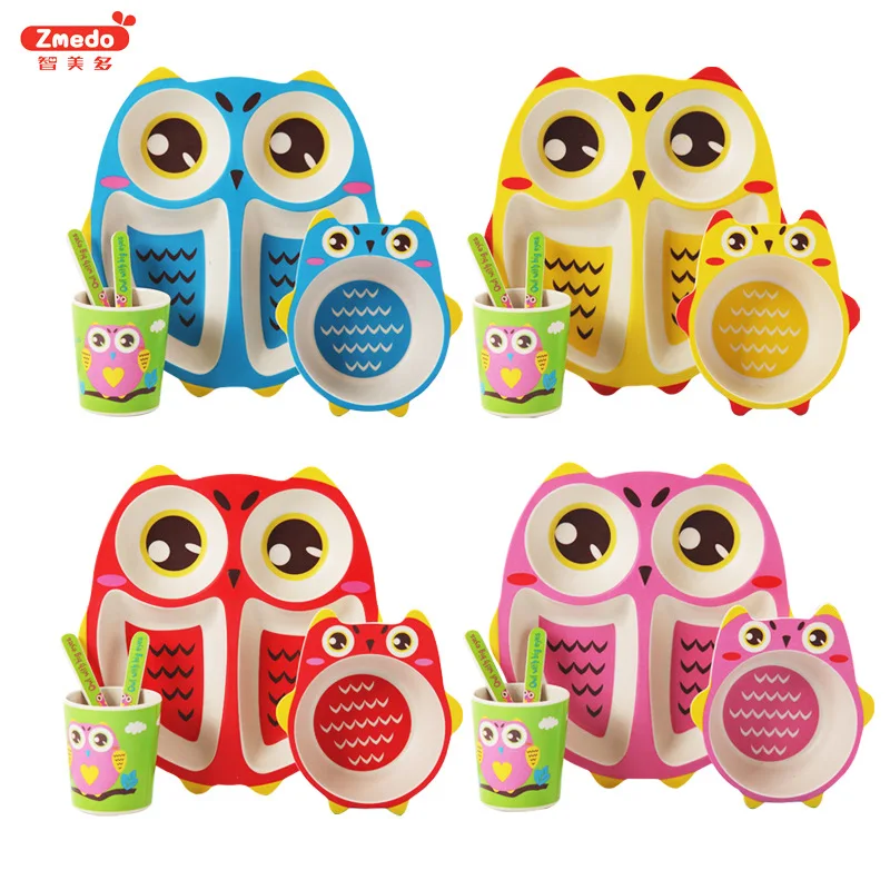 

Bamboo Baby Dishes 5pcs/sets Tableware Cartoon Owl Utensils Natural Bamboo Fiber Bowl Cup Spoon Plate Feeding Dish For Kids