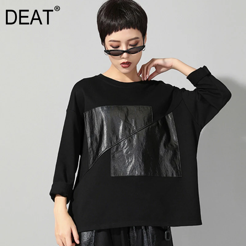 

[DEAT]2019 New Spring Summer Round Neck Long Sleeve Black Split Joint Loose Big Size Personality T-shirt Women Fashion Tide JR57