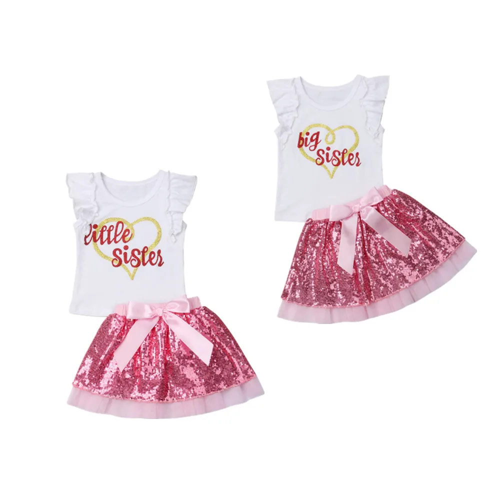 

2019 Summer Newborn Toddler Baby Girls Valentine Day Cotton T-shirt Tops Skirt Outfits Sequin Clothes Heart Pink Sweet Cute Set