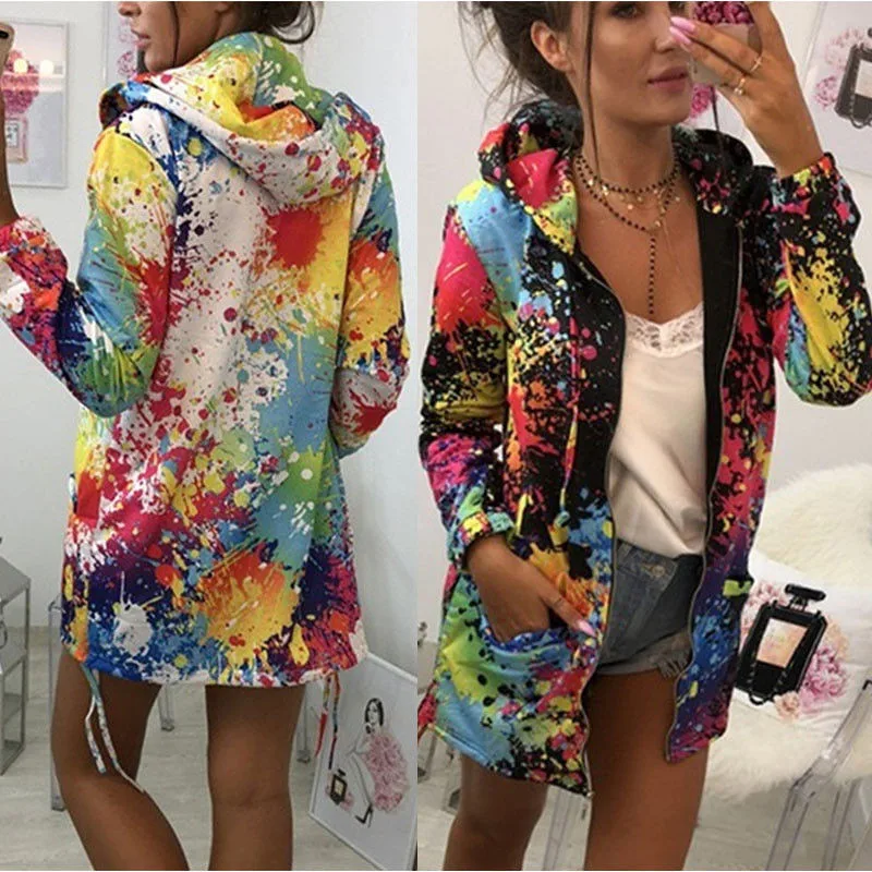 

HIRIGIN Newest Women's Autumn Long Sleeve Thin Hooded Jacket Parka Pop Casual Coat Outwear Zipper Cardigan Graffiti Overcoat