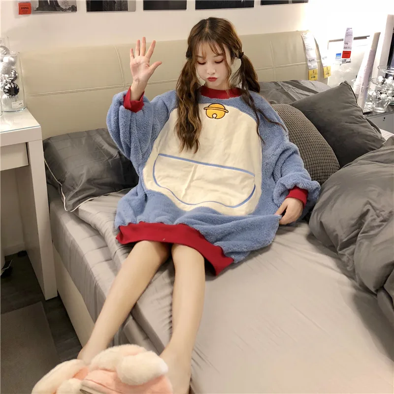 Kawaii осень зима ulzzang Корейская женская одежда с рисунком кота Харадзюку большие фланелевые платья с длинным рукавом