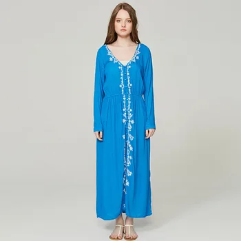 

Summer new embroidery vintage dress tour Bohemian v-neck sexy embroidered flower beach dress slim dress