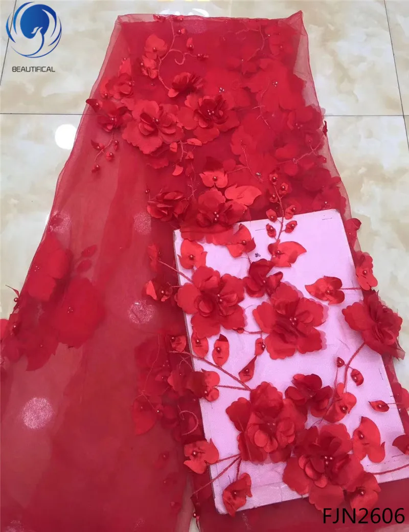 

BEAUTIFICAL 3d flower tulle fabric with beads african 5 yards french fabric 3d tulle mesh fabric for party dress FJN26