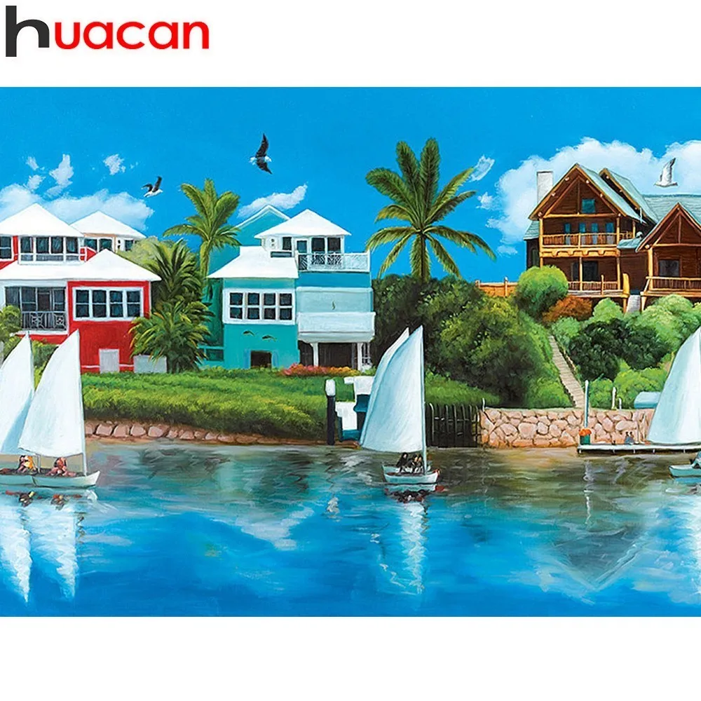 

HUACAN 5D DIY Rhinestones Full Square Diamond Painting Seaside Diamond Embroidery Sale Cross Stitch Mosaic Home Decor Gift