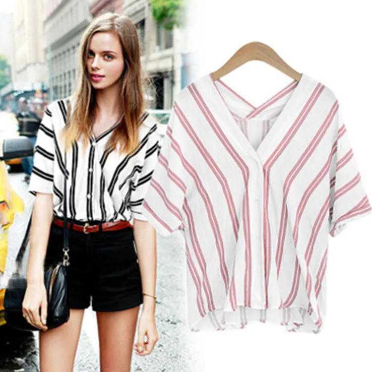 

2019 Summer Women V-neck Cotton Loose Shirt Batwing Sleeve Single-Breasted Blouse Ladies Casual Vintage Stripe Tops