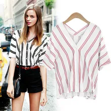 2019 Summer Women V-neck Cotton Loose Shirt Batwing Sleeve Single-Breasted Blouse Ladies Casual Vintage Stripe Tops plunge v neckline stripe playsuit with single breasted in white