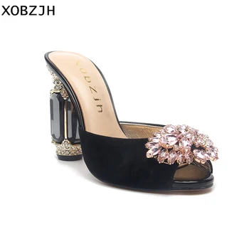 

Women Sandals Shoes 2019 Luxury Genuine Leather High Heels Ladies Rhinestone Buckle Wedding Praty Black Shoes Plus Size Us11