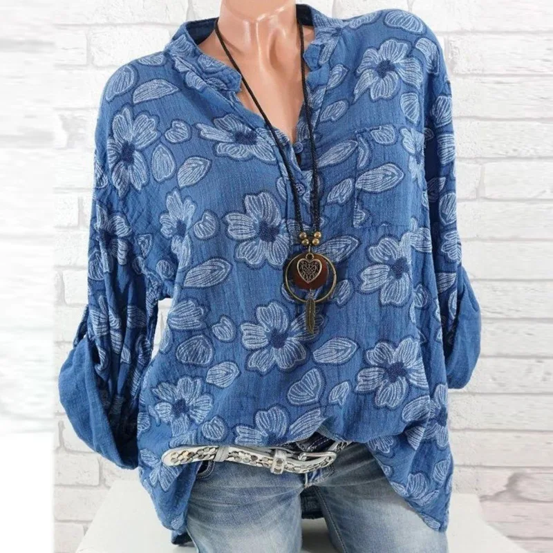 

2019 Floral Print Women Shirts Summer Autumn Casual V-neck Blouse Shirt Women Top Long Sleeve Blue Green Blouse Femme Shirt