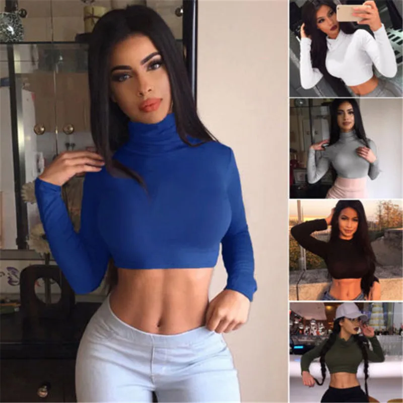 

Women Long Sleeve T Shirt Sexy Sim Cropped Top Skinny Turtleneck Shirts Streetwear Women's Short Tee Tops