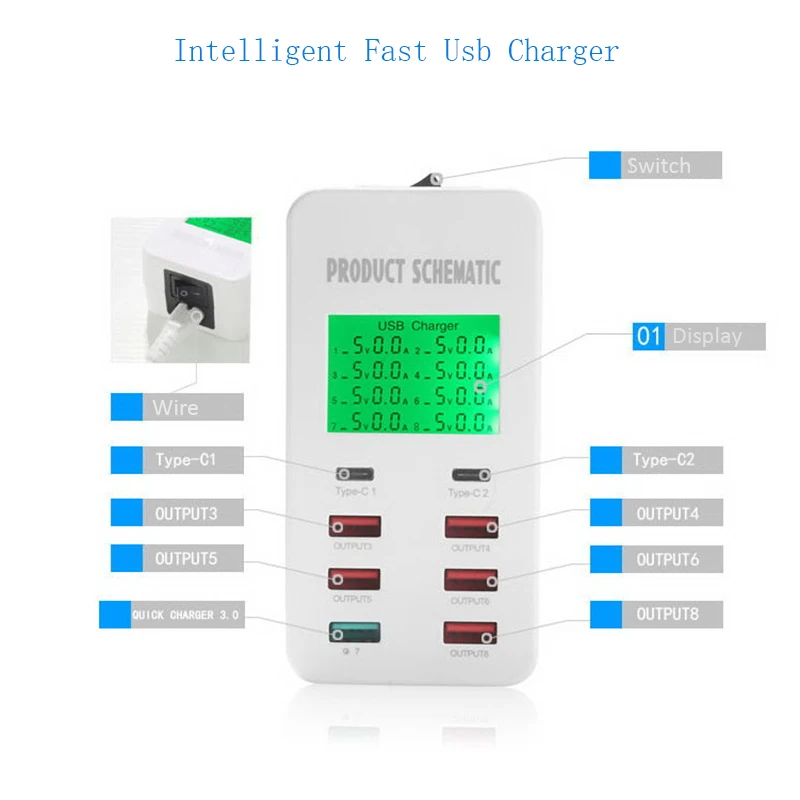 

8 Port USB Charger 7A Quick Charge 3.0 USB-C Type C LCD Show Charging For iPhone iPad Samsung Huawei Nexus Power Supply