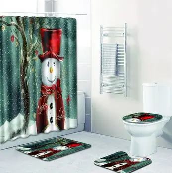 

Ten Kinds Snowman Christmas Tree Bath Mat and Shower Curtain Set 4pcs Toilet Mat Accessories Sets India Floor Rugs Room Blanket