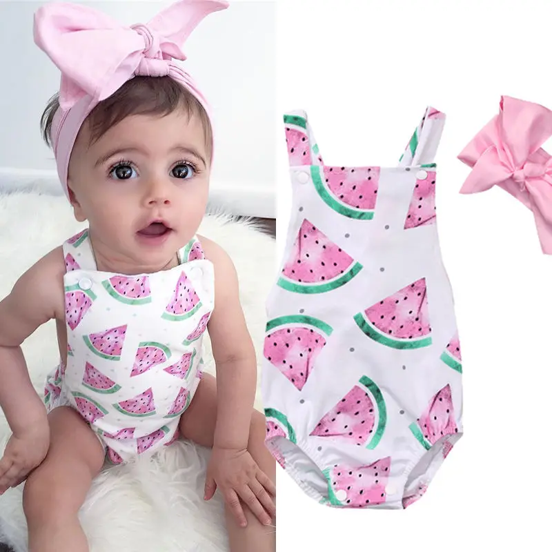 

Cute Baby Girl Sleeveless Halter Watermelon Bodysuit Headband Summer Baby Casual Clothes Sunsuit 0-24M
