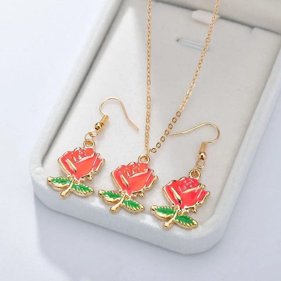 

Women 3PCS Trendy Earrings&Necklace Jewelry Set Romantic Rose Flower Earrings Female Jewelry Women Gold Wedding Jewelry Sets