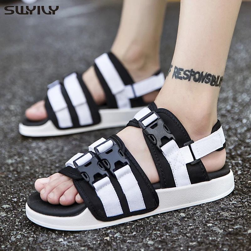 

SWYIVY Summer Shoes Sandals Men 2019 New Male Fashion Shoes White/black Sandals For Man Bucklet Belt Design Platform Sandal Shoe
