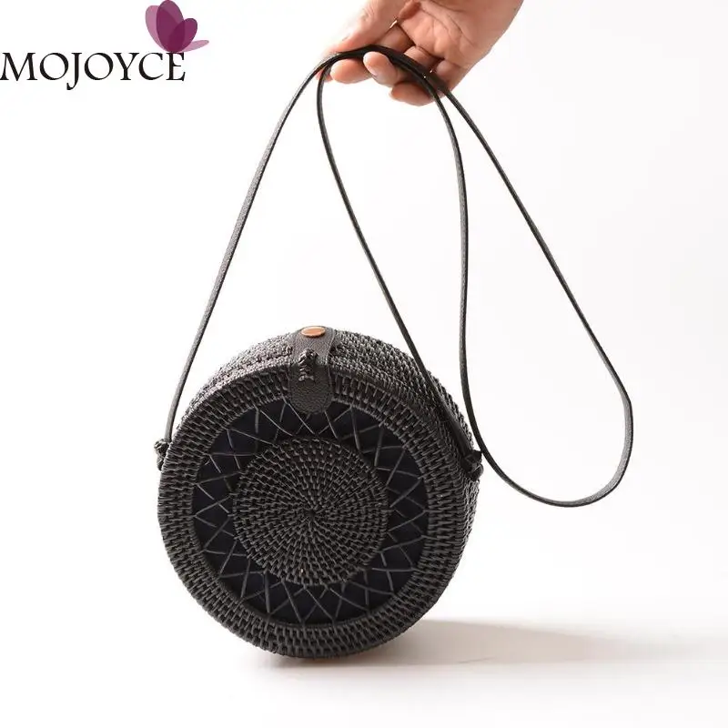 

Girls Black Straw Casual Rattan Woven Shoulder Messenger Handbags Ladies Women Solid Color Small Round Travel Crossbody Bags