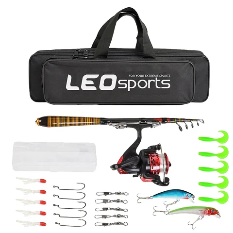 Vara de Pesca e Molinete de Combinação Artes de Pesca Completo com Iscas de Pesca Telescópica Spinning Reel Pólo Conjunto Pesca Leo 1.8m Kit