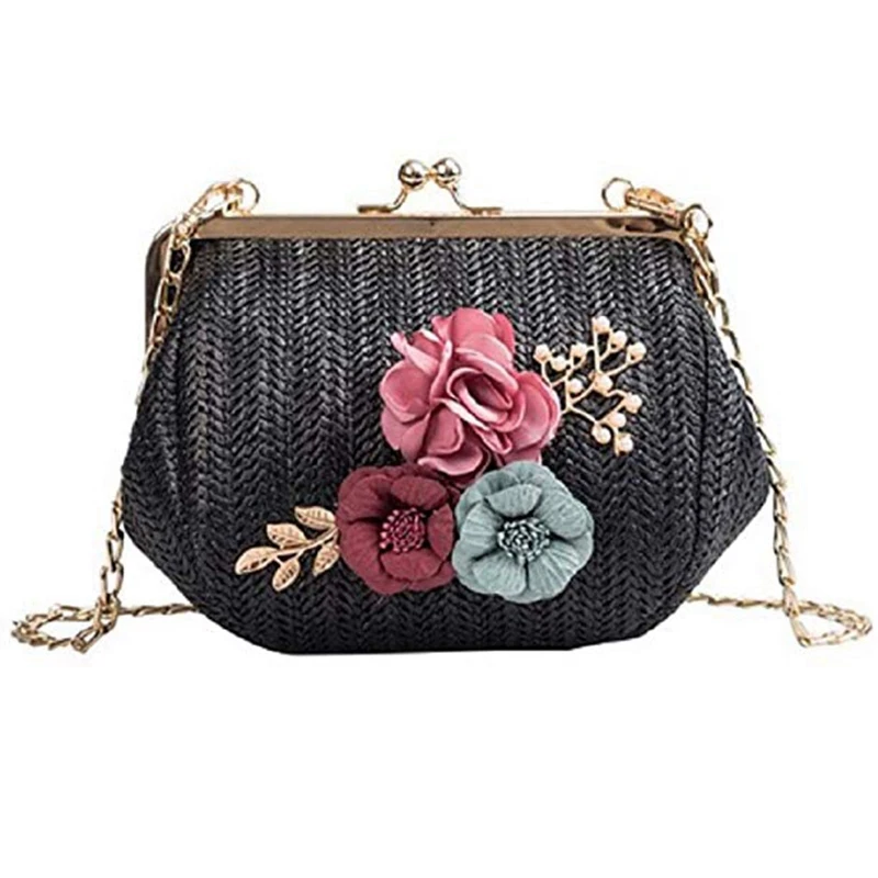 

Summer Flower Straw Bag Ladies Floral Evening Bags Fashion Small Chains Shoulder Bag Travel Beach Woven Bags