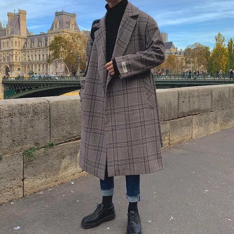 

2018 Winter New Wool Coat Men Fashion Retro Plaid Overcoat Man Casual Loose Long Jacket Streetwear High Quality Male Clothes