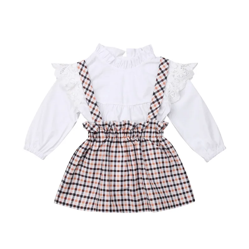 

Children's Sets for Girls Toddler Kids Baby Girls Clothes Ruffles T shirt Tops+Plaid Skirt Princess Sunsuit Outfits Clothes 2pcs