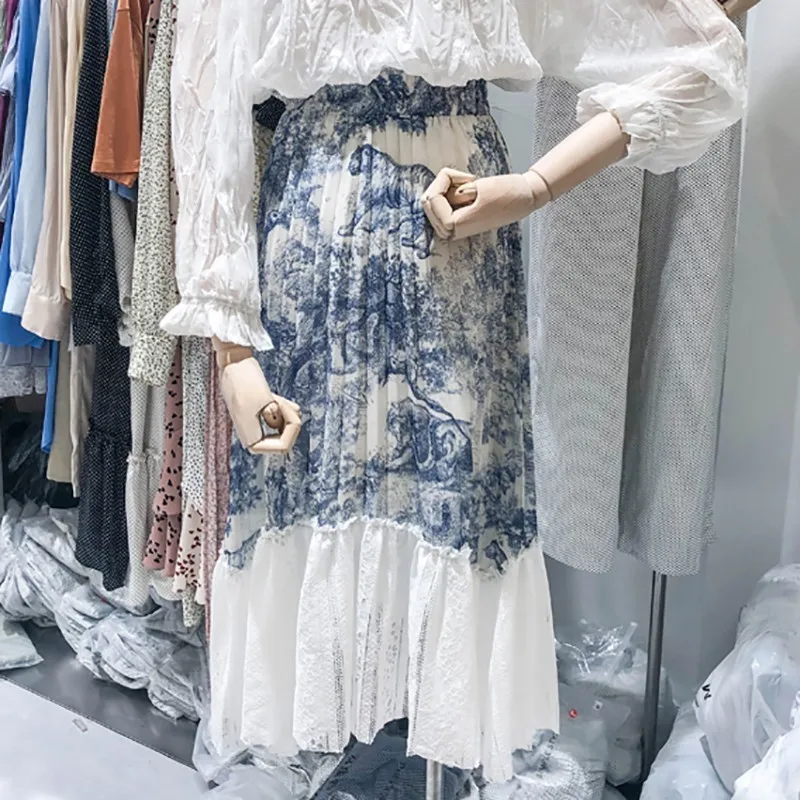 GALCAUR Лоскутная юбка с принтом для женщин Высокая талия хит цвет плиссированная юбка женская элегантная корейская мода ВЕСНА Новинка