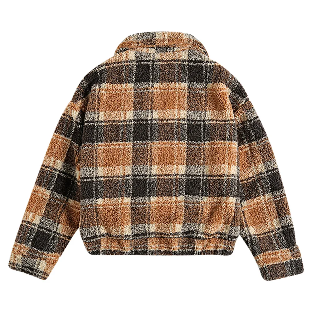 low cost Jacket Women Winter Zipper Short Plaid Jacket Turn Down Collar Long Sleeve Female Clothes Jackets C