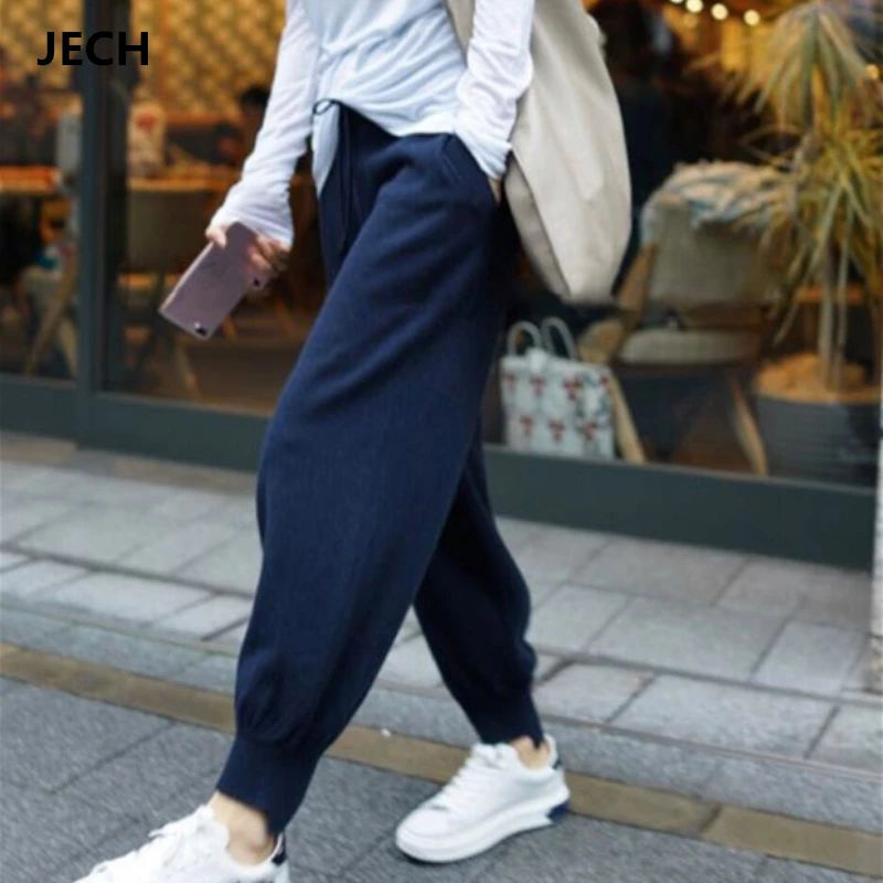 

JECH Soft Waxy Cashmere Wool Harem Pants Female Comfortable Pure Knitted Wide Leg Pants Casual Loose Knitted Long Pants Women