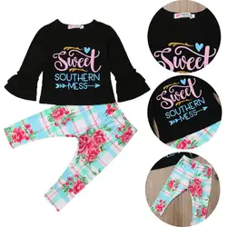 Комплект одежды для маленьких мальчиков и девочек, модные топы с длинными рукавами и буквенным принтом, штаны с цветочным принтом, комплект