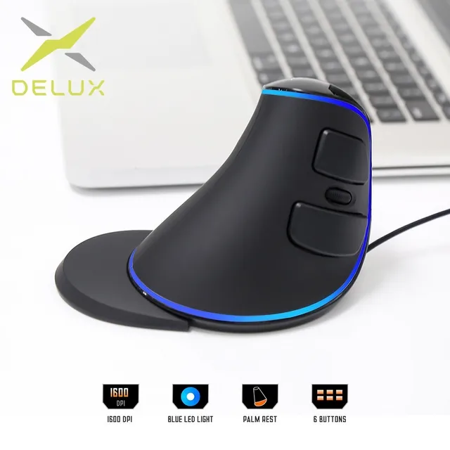 Delux M618 Plus Ergonomic Vertical wired Mouse 6 Buttons 1600 DPI Blue