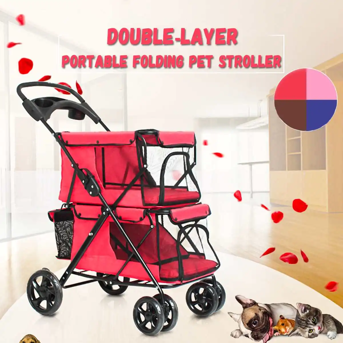 

Lightweight Portable Folding Double-layer Pet Stroller for 2 Dogs with Large Space Four Wheeled Double Cat Strollers Outdoor