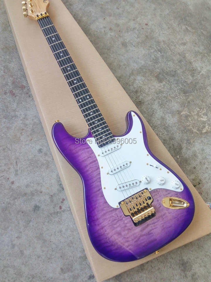 Hot sale elm body electric guitar, double lock tremolo system strat guitar,purple color finish,gold hardware,Ebony fingerboard