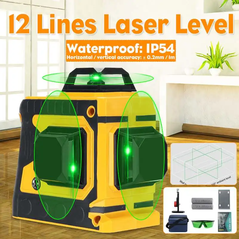 

Accurate 12 Lines Green Cross Line Laser Level 532nm 3D 360 Degree Rotation Auto Leveling Horizontal Vertical Laser Beam