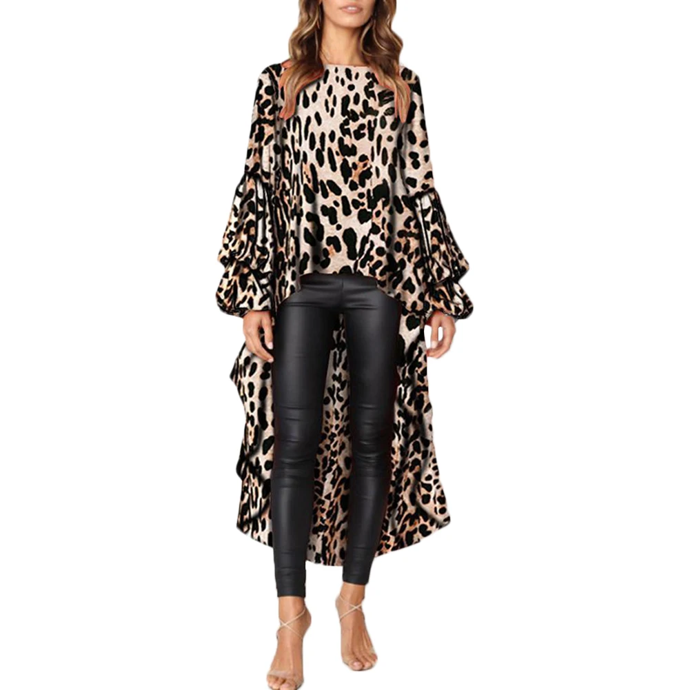 

Womens Blouses Leopard Short Before Long Sleeve O-Neck Size Plus Casual Club Party Ol Broadcloth Long Tailed Long Blouses Tops