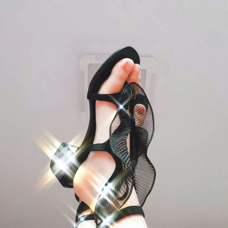 

Special Design Flounce Chunky Heel Women Sandals Crystal Decor Mid Heel Summer Shoes Woman Bling Diamond Ladies Sandalias Mujer