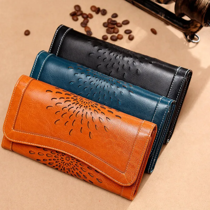 

Women Wallets Hollow Out Flower Genuine Cowhide Long Money Purses Woman Leather Wallet Purse Portefeuille Femme Billetera Mujer