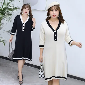 

New Pattern Spring V Neck Half Sleeve Solid Color Dress Ladies Casual Dresses Plus Size
