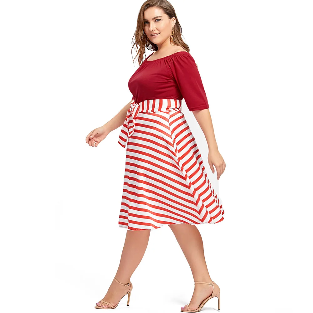 Wipalo Plus Size Christmas Party Stripe Knee Length Dress High Waist